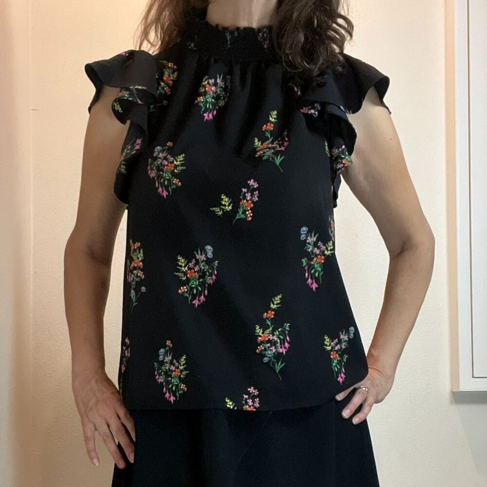 1.State Black Ruffled Sleeveless Top with Flowers, High Neck Blouse, Size M